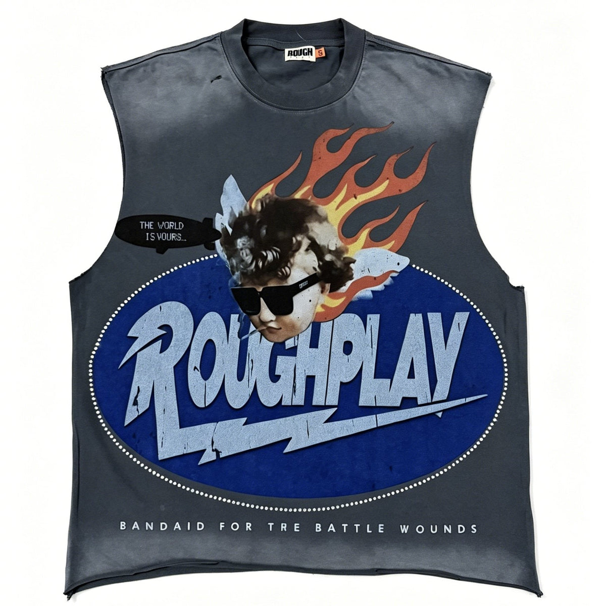 Rough Play Face & Flame Sleeveless T-Shirt ¡ª front