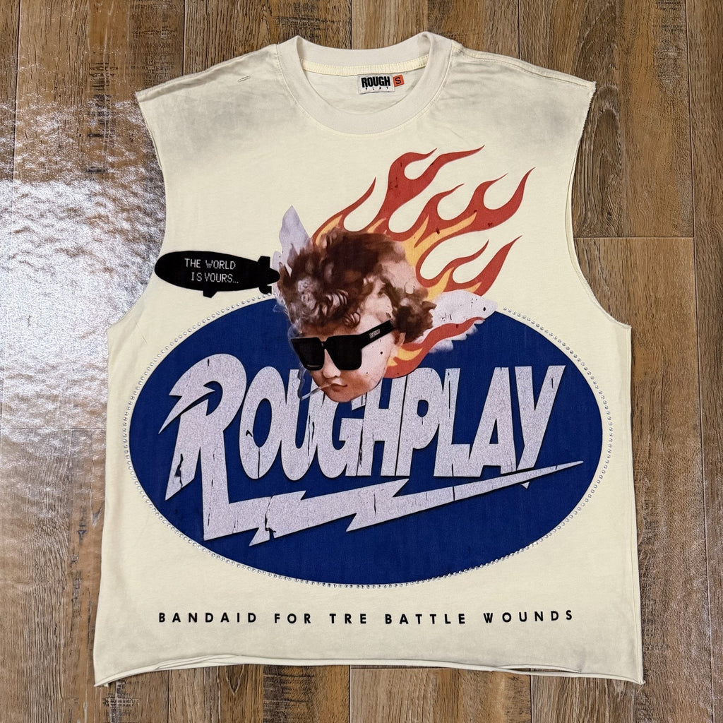 Rough Play Face & Flame Sleeveless T-Shirt ¡ª front