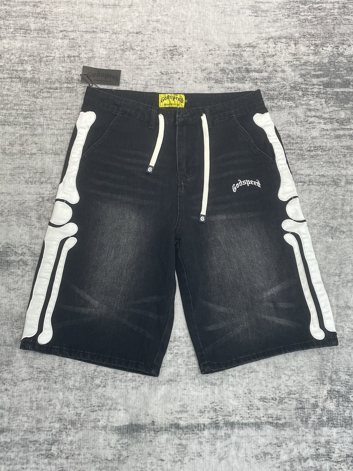 Godspeed Bone Applique Denim Shorts ¡ª front