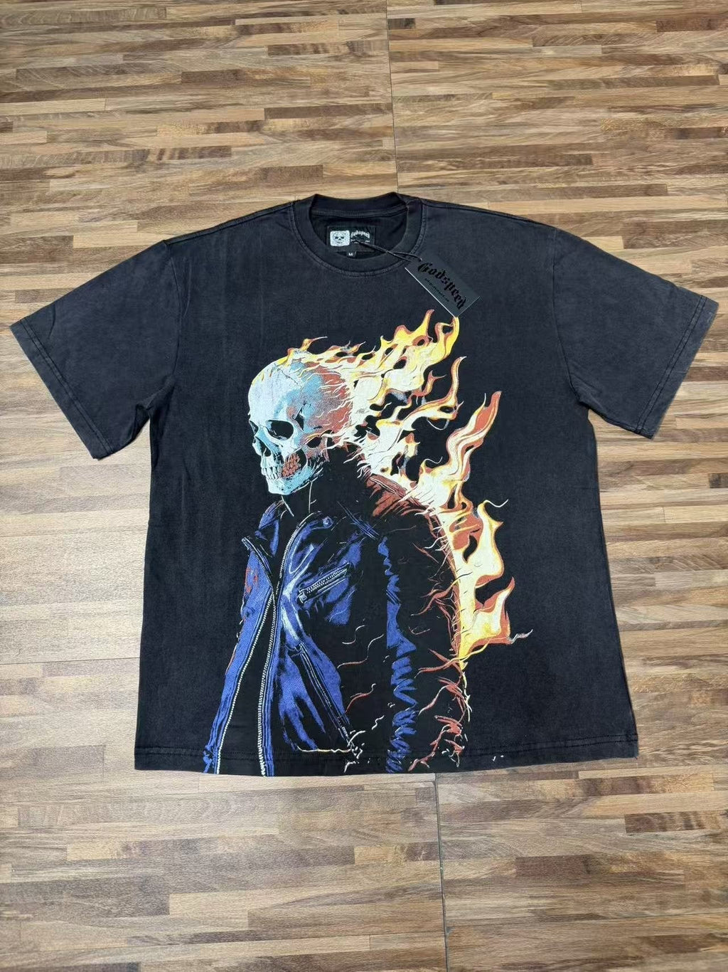 Godspeed Flaming Skull Washed Black Graphic T-Shirt ¡ª front