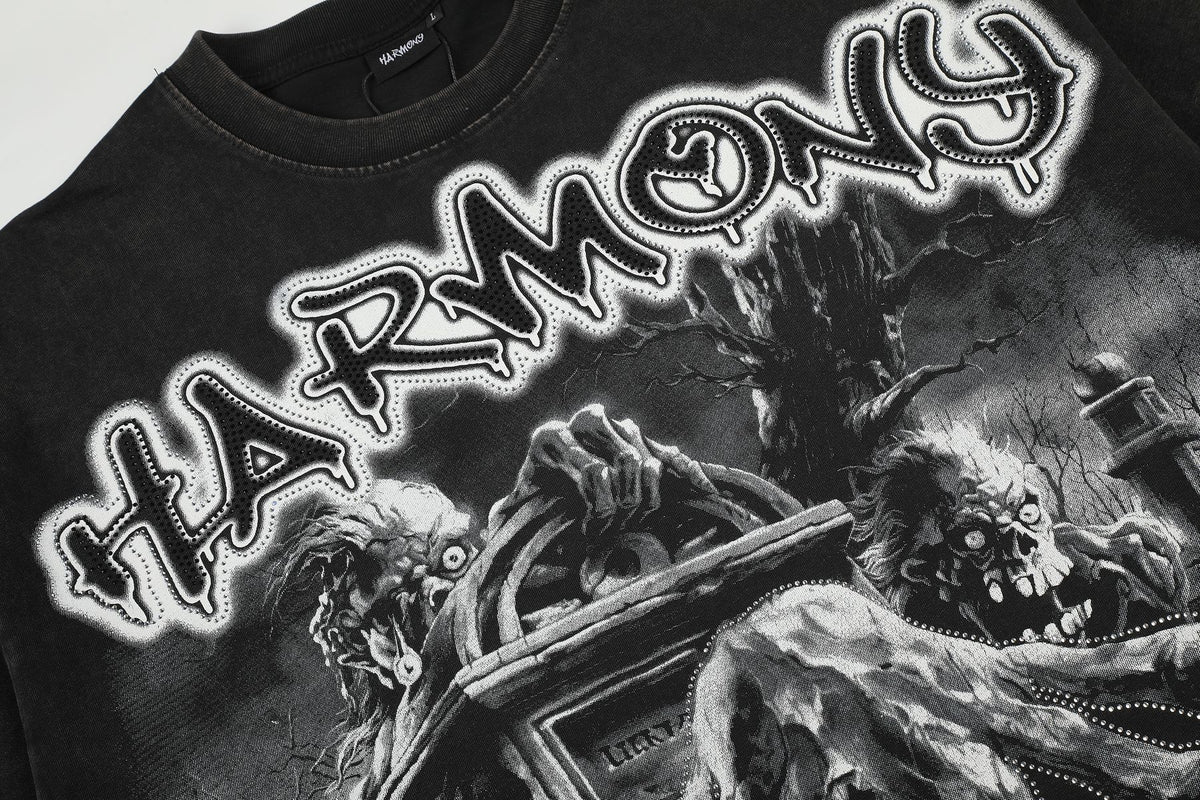 HARMONY Washed Black Rhinestone Graphic T-Shirt ¡ª detail