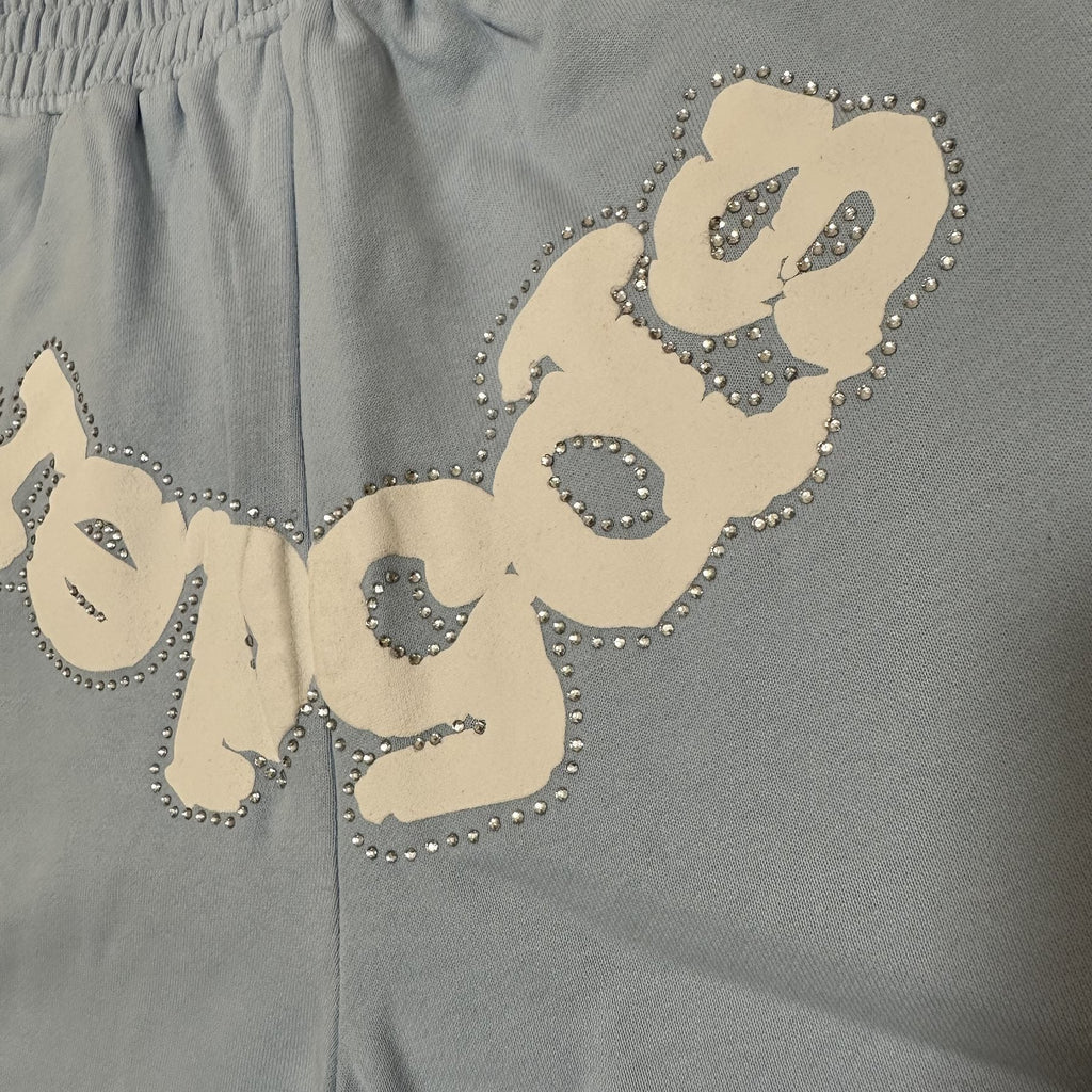 Sp5der Light Blue Rhinestone Logo Sweat Shorts ¡ª detail