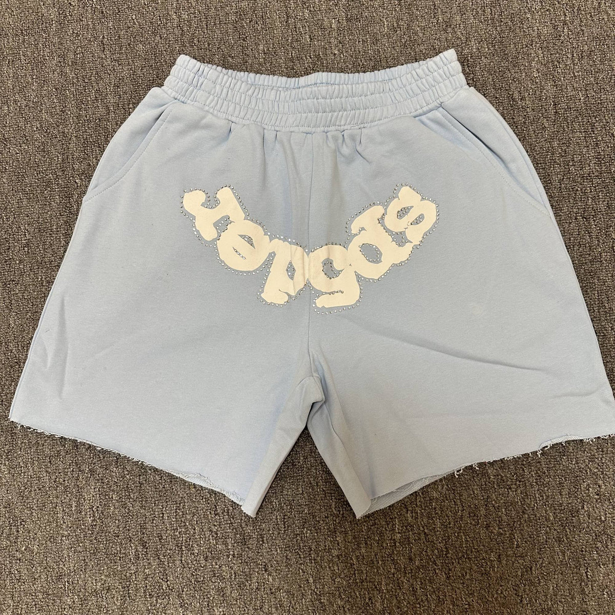 Sp5der Light Blue Rhinestone Logo Sweat Shorts ¡ª hero