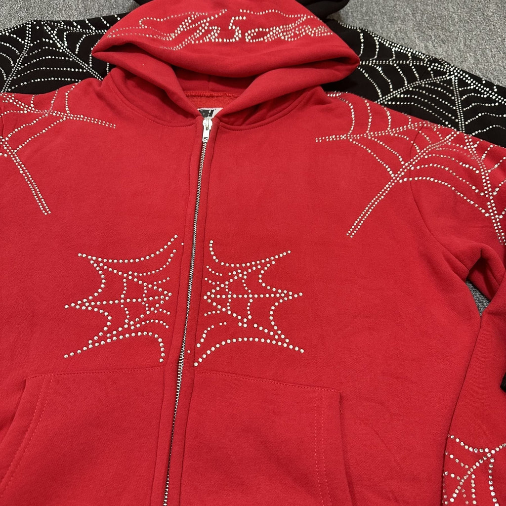 Sp5der Rhinestone Spiderweb Zip Hoodie & Pants Matching Set ¡ª detail