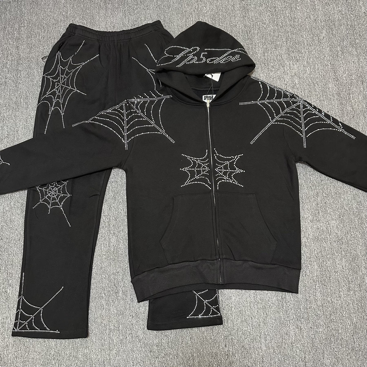 Sp5der Rhinestone Spiderweb Zip Hoodie & Pants Matching Set ¡ª front