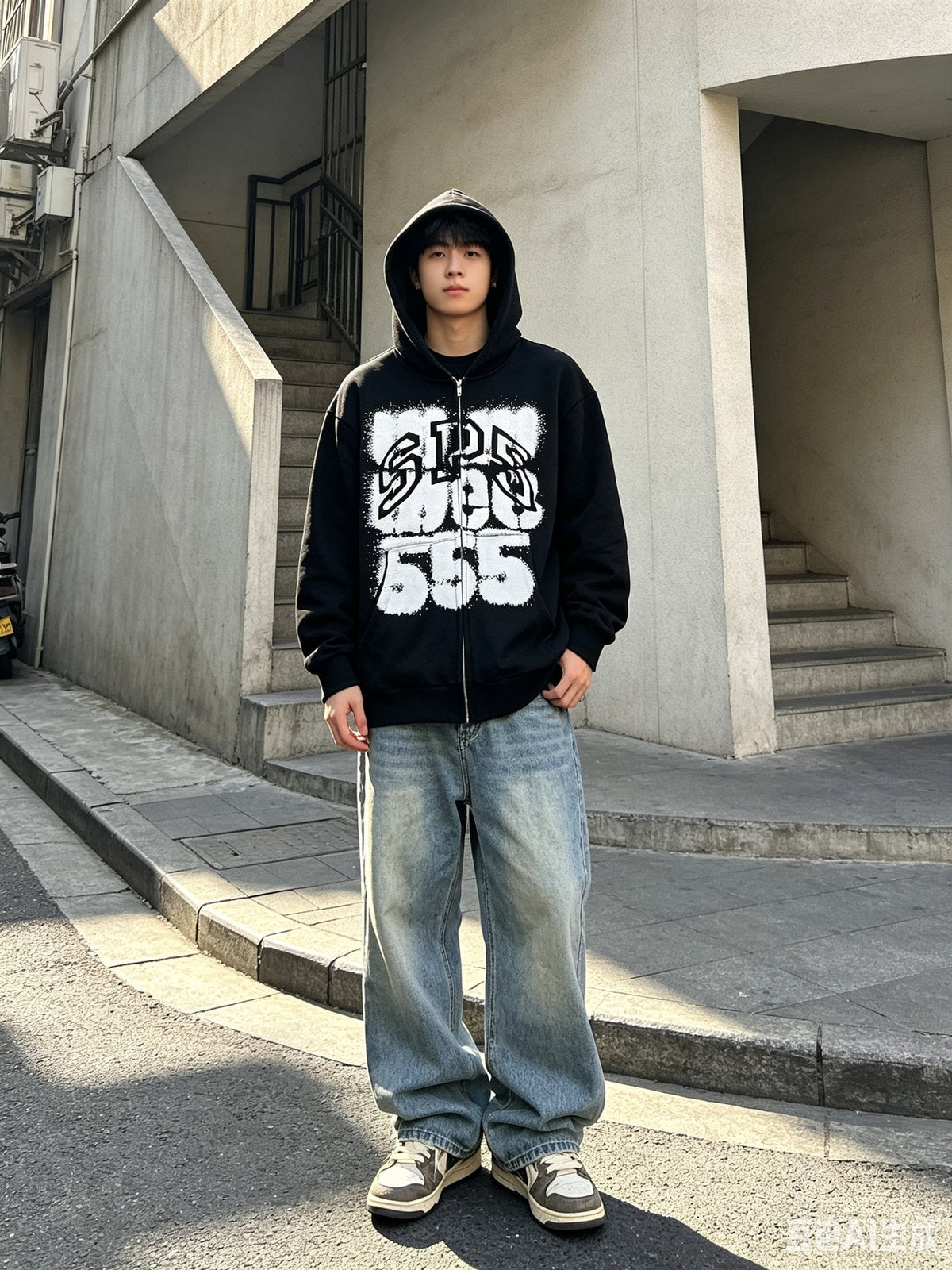 Sp5der Distressed Front Graphic Zip-Up Hoodie ¡ª context