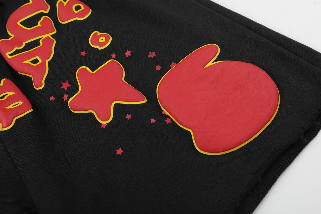 Sp5der Black Graphic Raw-Hem Shorts ¡ª detail