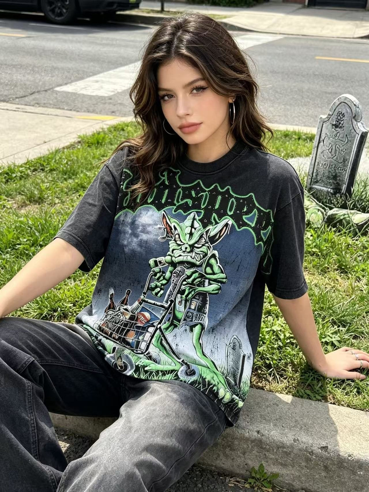Godspeed Green Cart Character Graphic T-Shirt ¡ª model