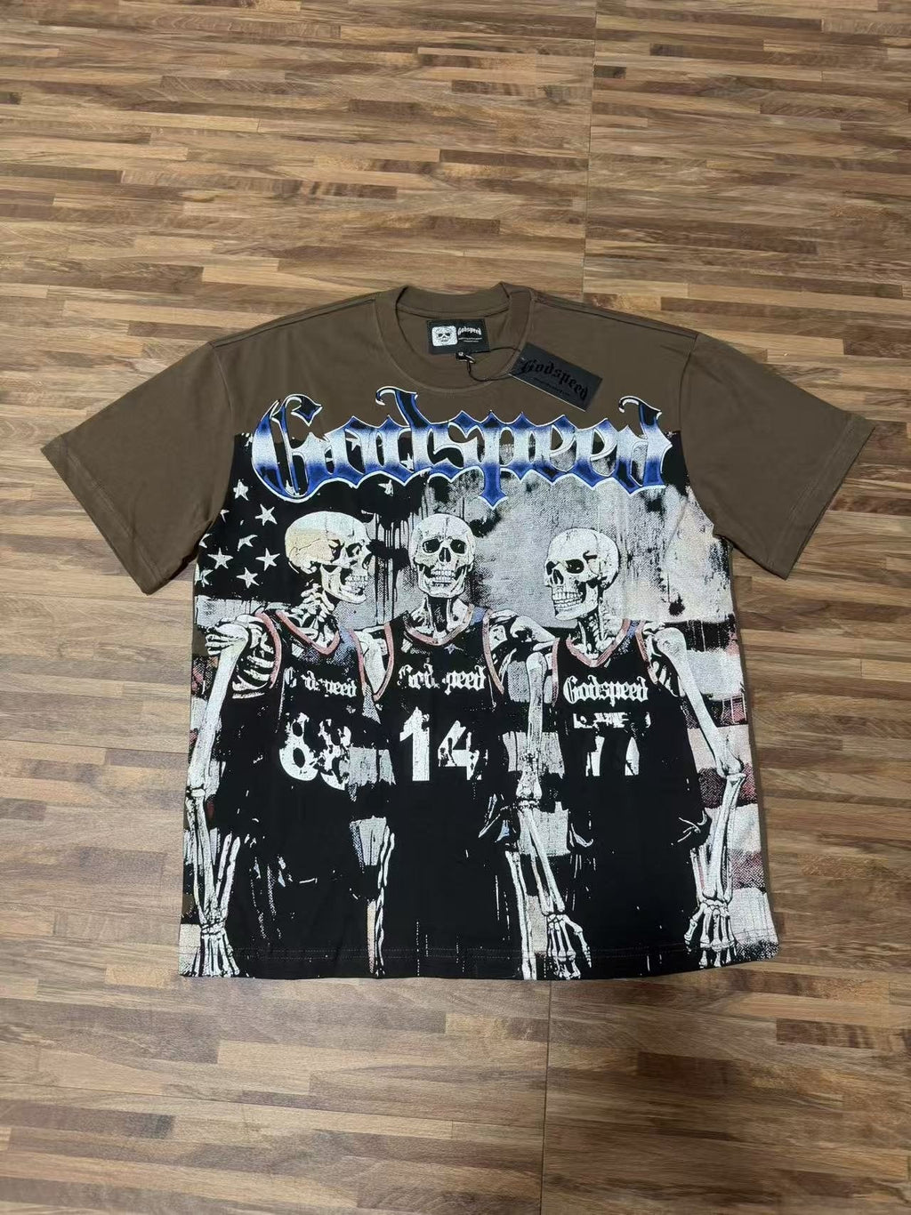 Godspeed Skeleton Basketball Number 14 T-Shirt ¡ª front