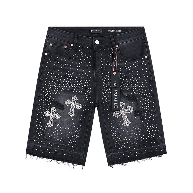Purple Brand Rhinestone Cross Denim Shorts ¡ª hero